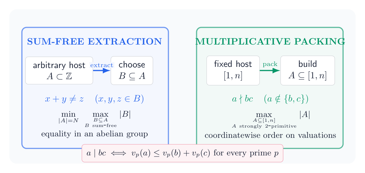 Comparison of the sum-free extraction problem and the strongly 2-primitive packing problem